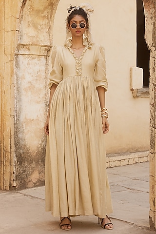 Ivory Linen Floral Cutwork Embroidered Maxi Dress by Paulmi & Harsh
