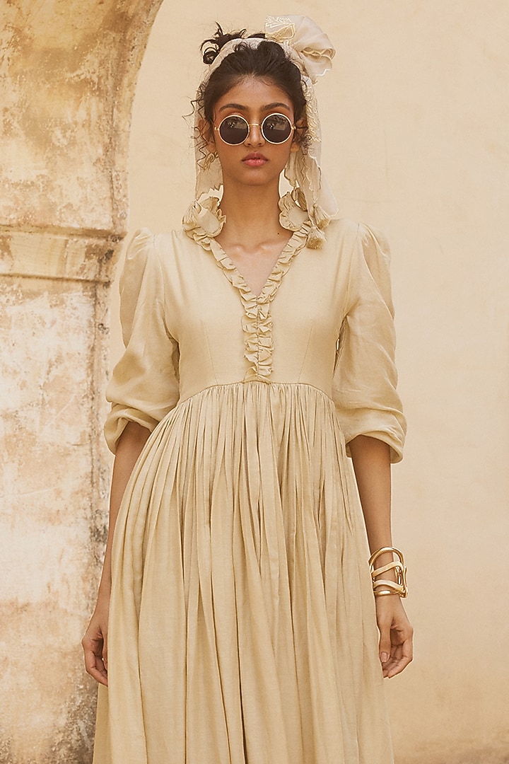 Ivory Linen Floral Cutwork Embroidered Maxi Vacation Dress by Paulmi & Harsh at Pernia's Pop Up Shop