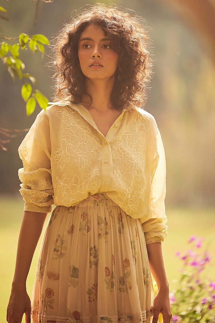 Ivory Malai Chanderi Floral Printed Skirt Set by Paulmi & Harsh at Pernia's Pop Up Shop