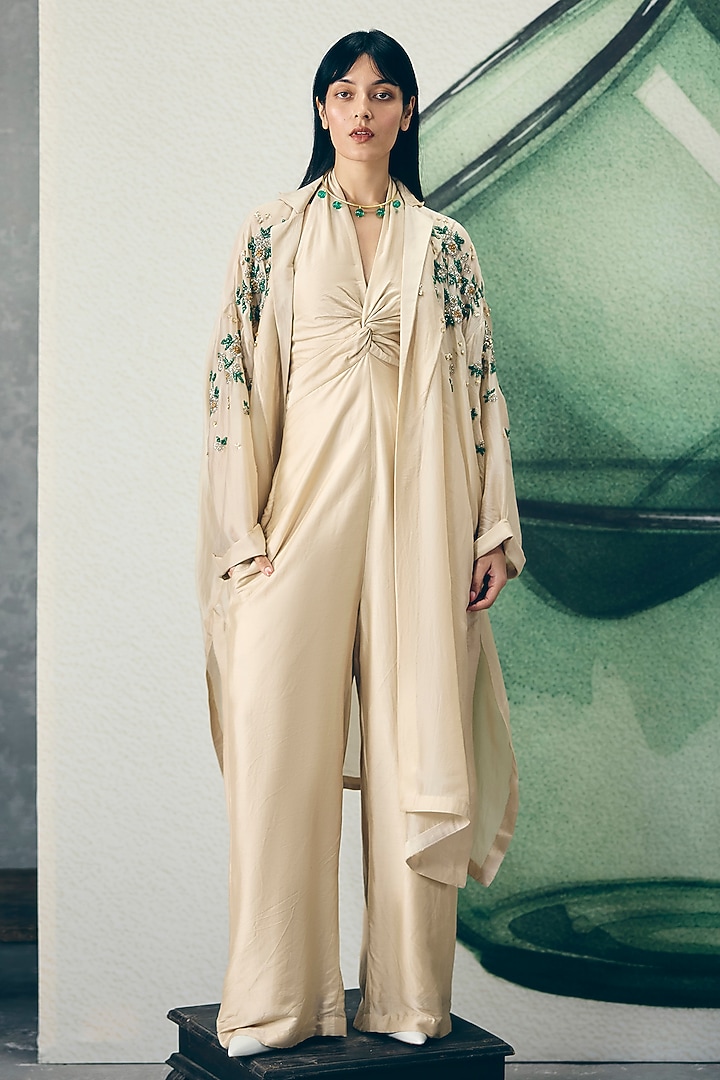 Ivory Modal Silk Jumpsuit With Jacket by Paulmi & Harsh at Pernia's Pop Up Shop