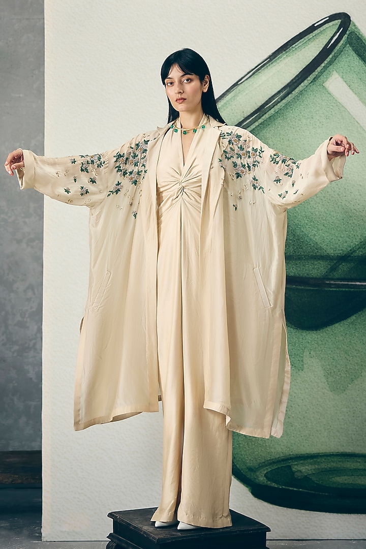 Ivory Modal Silk Jumpsuit With Jacket by Paulmi & Harsh at Pernia's Pop Up Shop