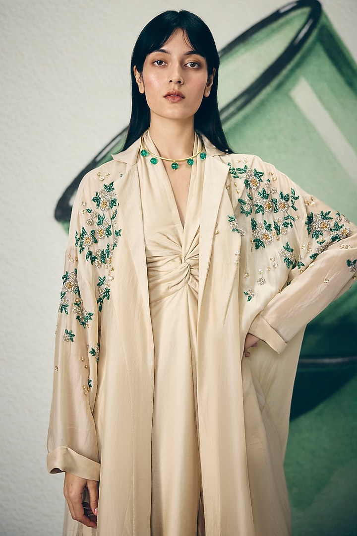 Ivory Modal Silk Jumpsuit With Jacket by Paulmi & Harsh at Pernia's Pop Up Shop