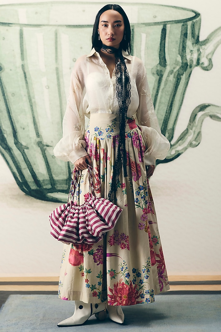 Off-White Poplin Printed Skirt Set by Paulmi & Harsh at Pernia's Pop Up Shop
