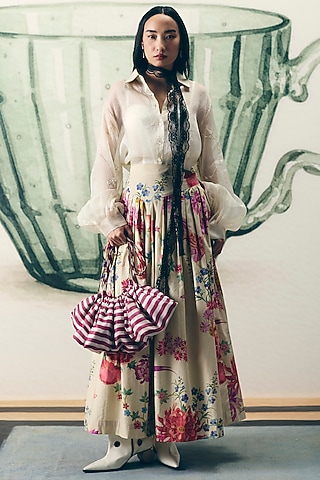 Off-White Poplin Printed Skirt Set by Paulmi & Harsh