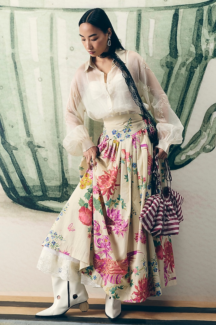 Off-White Poplin Printed Skirt Set by Paulmi & Harsh at Pernia's Pop Up Shop