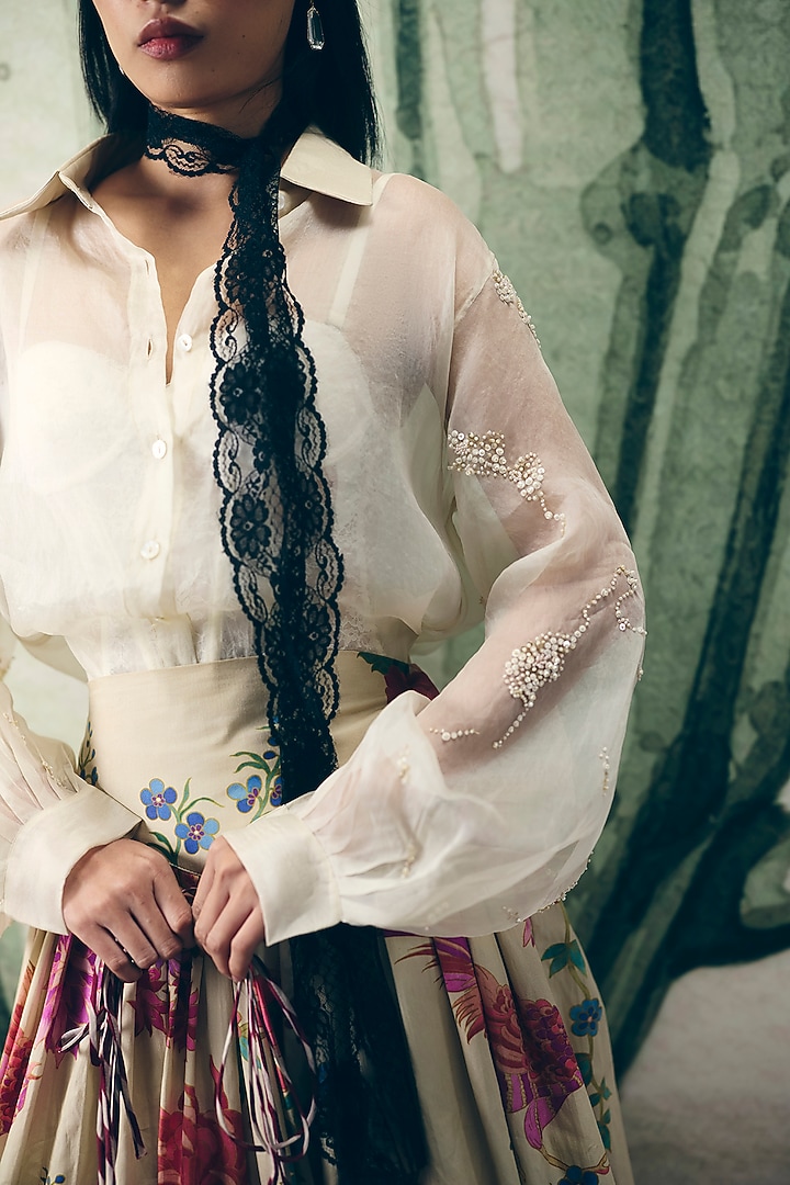 Off-White Poplin Printed Skirt Set by Paulmi & Harsh at Pernia's Pop Up Shop