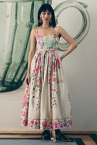 Off-White Poplin Printed Dress by Paulmi & Harsh