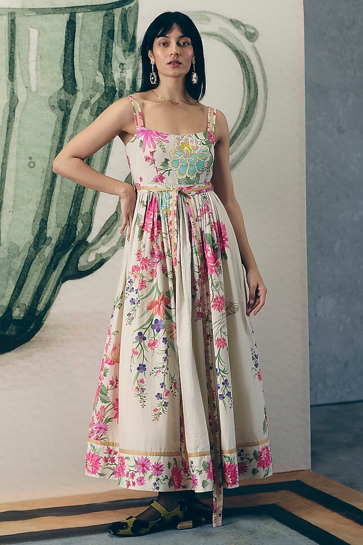 Off-White Poplin Printed Summer Dress by Paulmi & Harsh at Pernia's Pop Up Shop