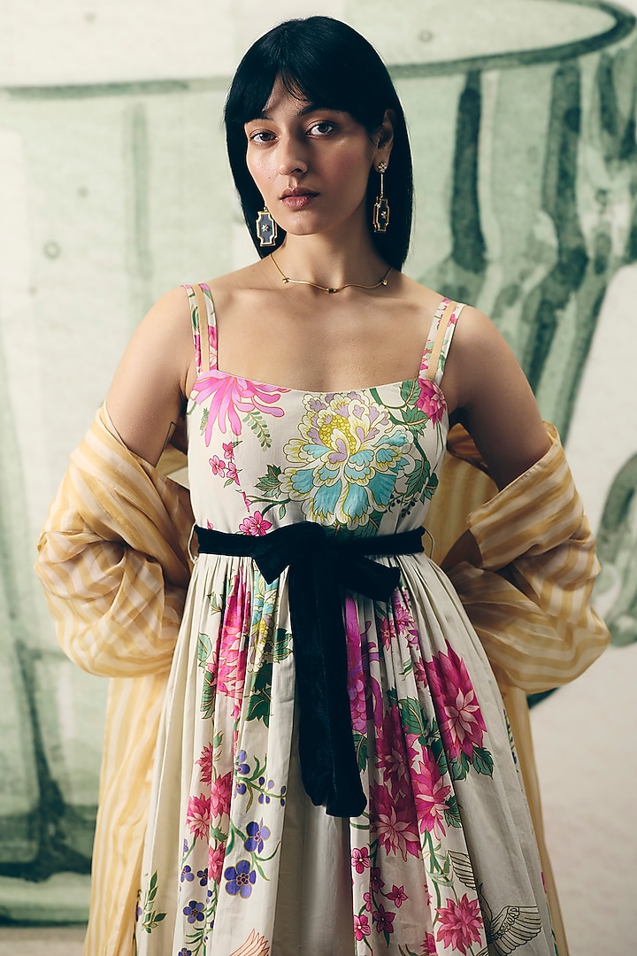 Off-White Poplin Printed Summer Dress by Paulmi & Harsh at Pernia's Pop Up Shop
