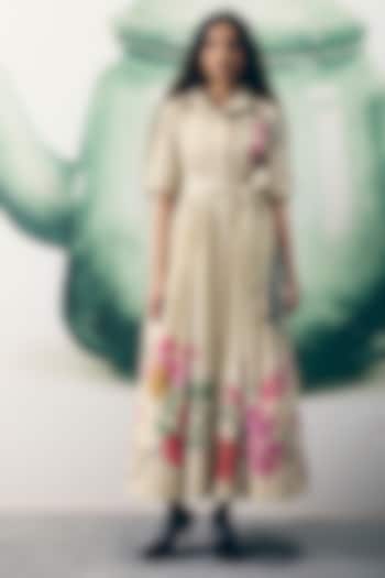 Ivory Poplin Printed Summer Dress by Paulmi & Harsh at Pernia's Pop Up Shop