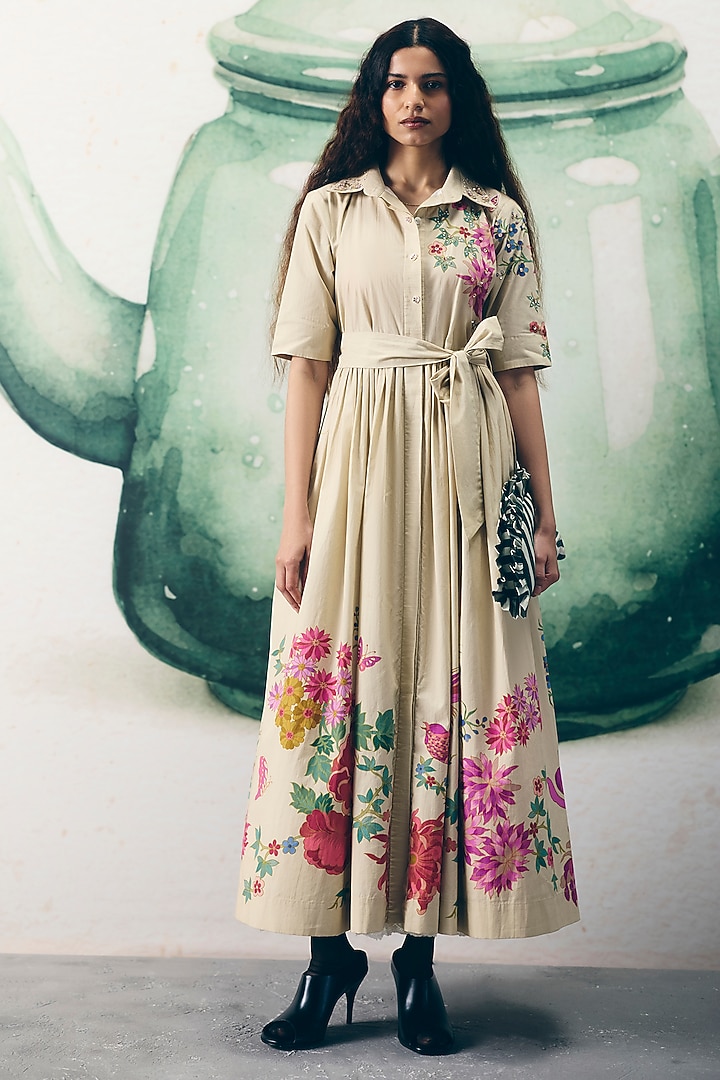 Ivory Poplin Printed Summer Dress by Paulmi & Harsh at Pernia's Pop Up Shop