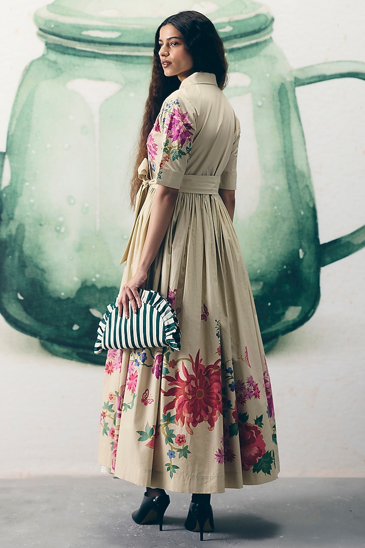Ivory Poplin Printed Summer Dress by Paulmi & Harsh at Pernia's Pop Up Shop