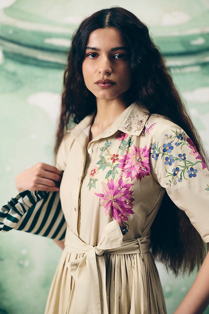 Ivory Poplin Printed Summer Dress by Paulmi & Harsh at Pernia's Pop Up Shop