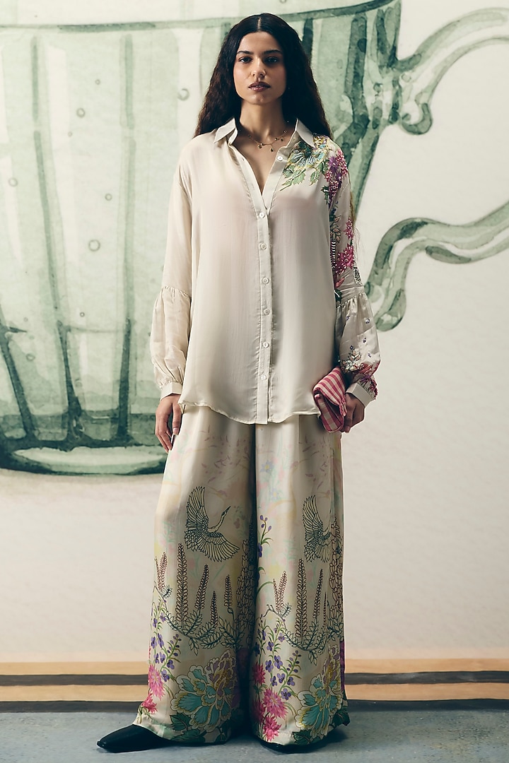 Ivory Japanese Satin Printed & Embroidered Co-Ord Set by Paulmi & Harsh at Pernia's Pop Up Shop