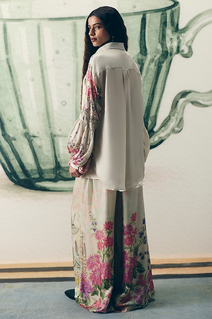 Ivory Japanese Satin Printed & Embroidered Co-Ord Set by Paulmi & Harsh at Pernia's Pop Up Shop