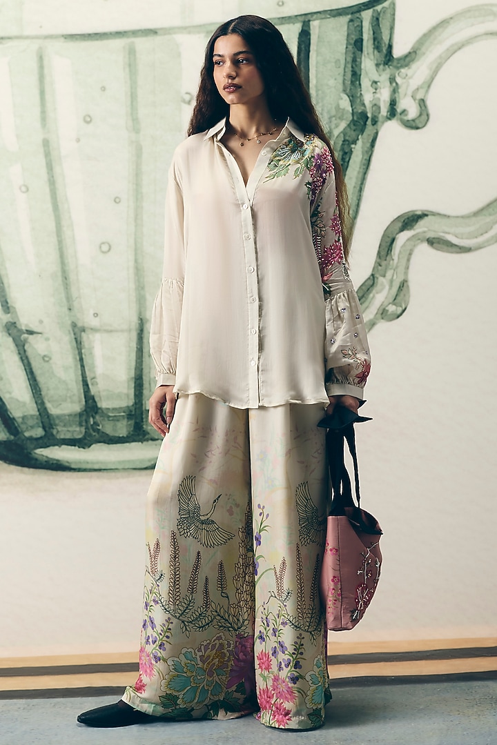 Ivory Japanese Satin Printed & Embroidered Co-Ord Set by Paulmi & Harsh at Pernia's Pop Up Shop