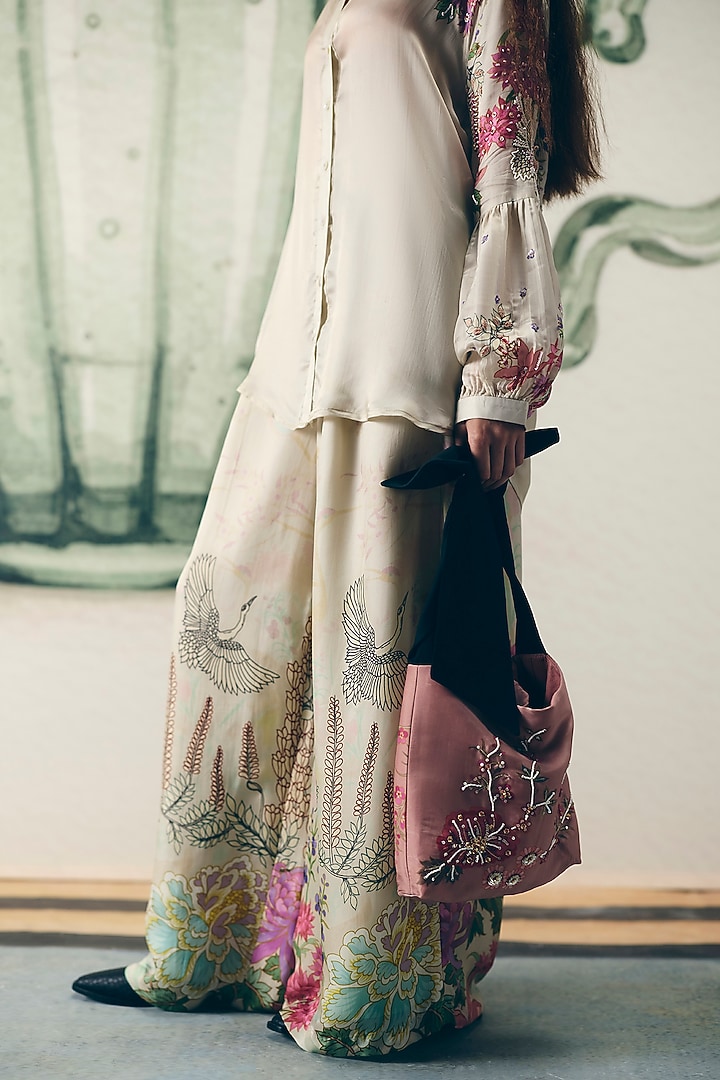 Ivory Japanese Satin Printed & Embroidered Co-Ord Set by Paulmi & Harsh at Pernia's Pop Up Shop