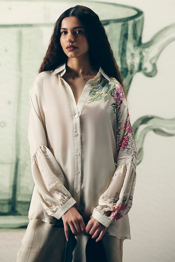 Ivory Japanese Satin Printed & Embroidered Co-Ord Set by Paulmi & Harsh at Pernia's Pop Up Shop