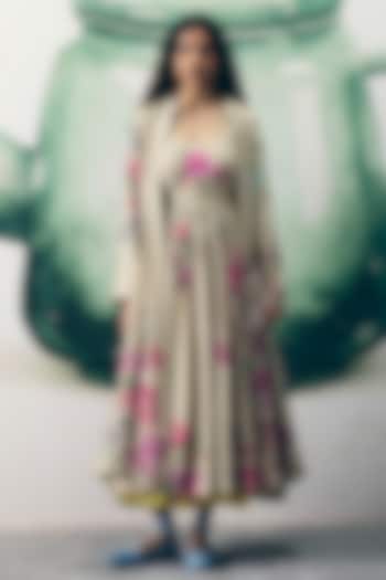 Ivory Modal Satin Printed Jacket Vacation Dress by Paulmi & Harsh at Pernia's Pop Up Shop