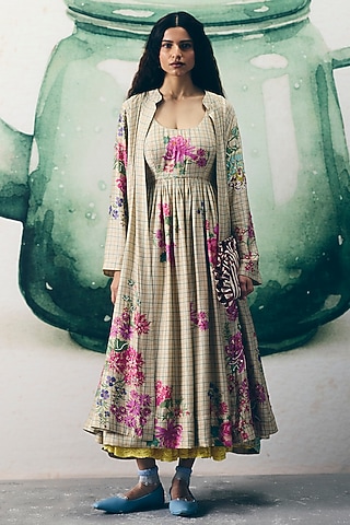 Ivory Modal Satin Printed Jacket Dress by Paulmi & Harsh