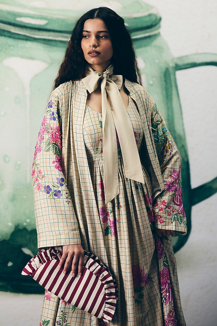 Ivory Modal Satin Printed Jacket Vacation Dress by Paulmi & Harsh at Pernia's Pop Up Shop