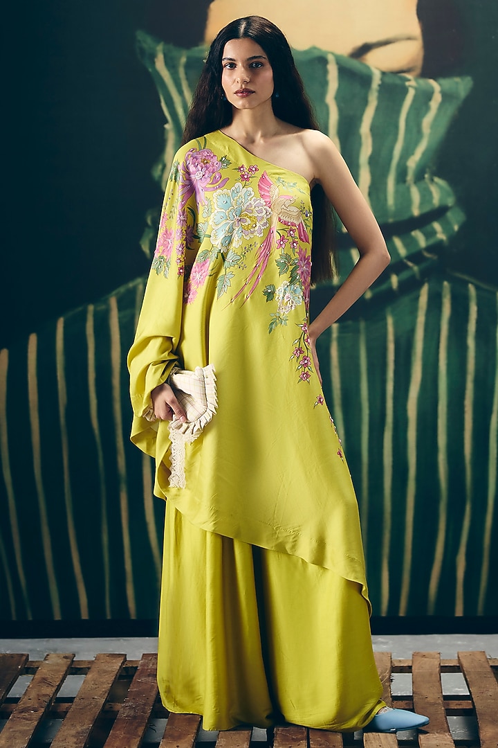 Yellow Modal Silk Printed & Embroidered Co-Ord Set by Paulmi & Harsh at Pernia's Pop Up Shop