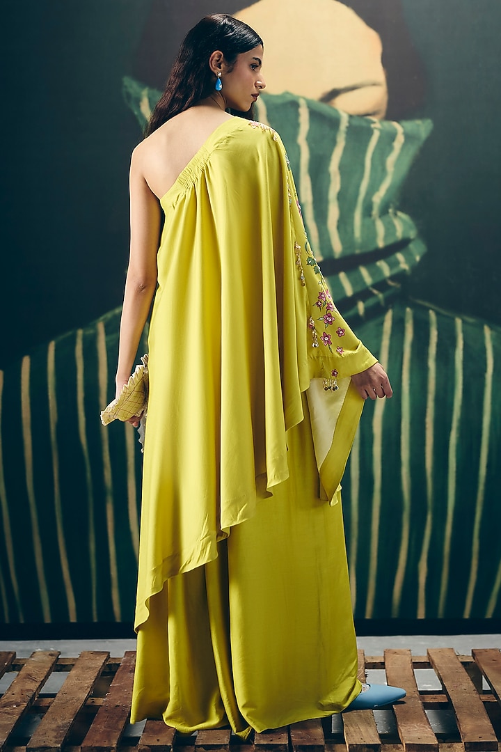 Yellow Modal Silk Printed & Embroidered Co-Ord Set by Paulmi & Harsh at Pernia's Pop Up Shop