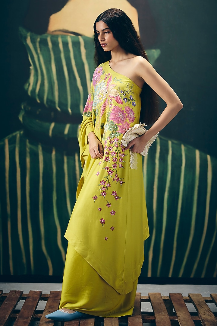 Yellow Modal Silk Printed & Embroidered Co-Ord Set by Paulmi & Harsh at Pernia's Pop Up Shop