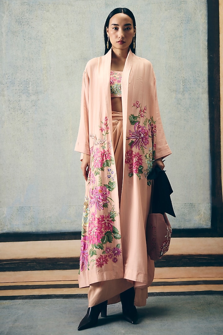 Pink Modal Silk Printed & Embroidered Jacket Set by Paulmi & Harsh at Pernia's Pop Up Shop