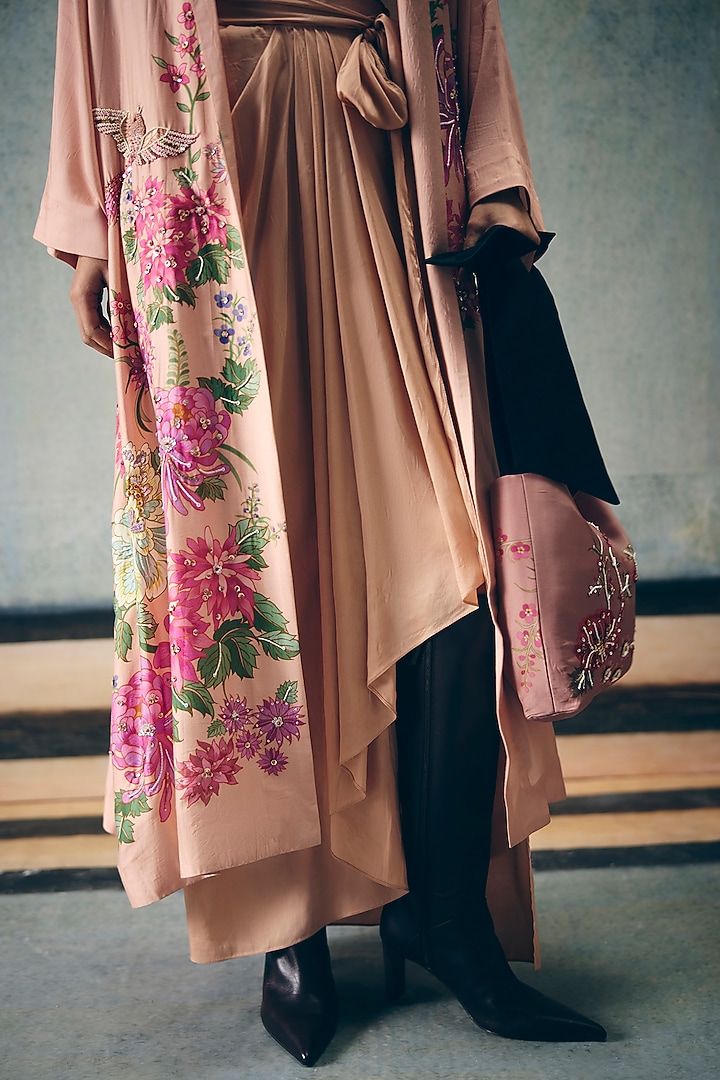 Pink Modal Silk Printed & Embroidered Jacket Set by Paulmi & Harsh at Pernia's Pop Up Shop
