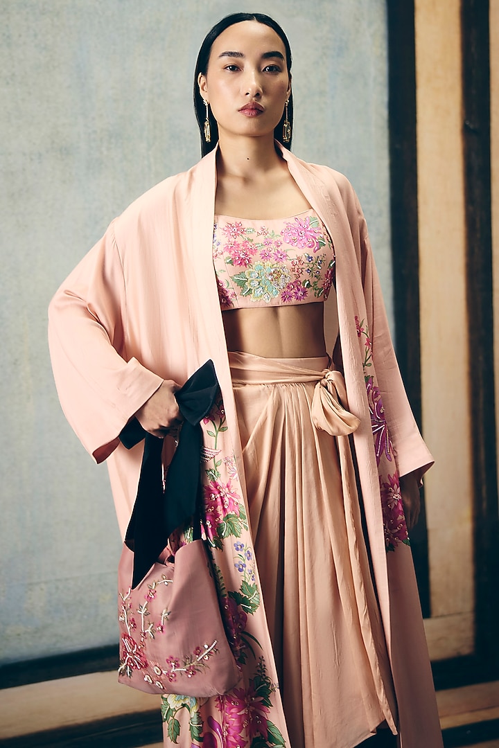 Pink Modal Silk Printed & Embroidered Jacket Set by Paulmi & Harsh at Pernia's Pop Up Shop