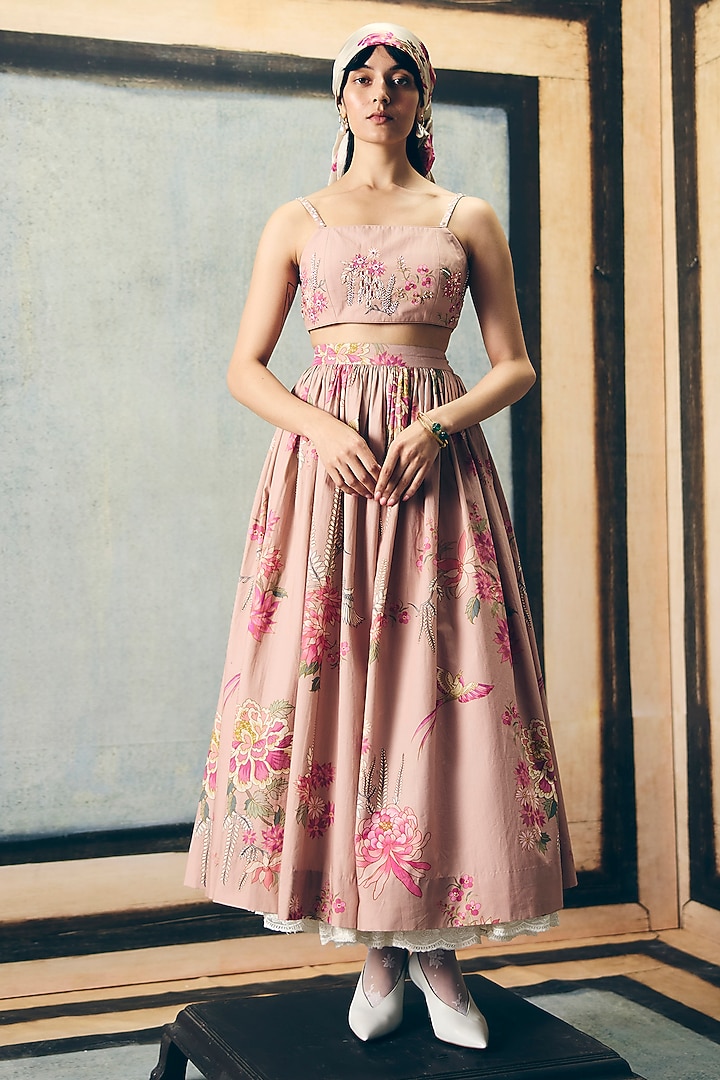 Chalk-Colored Poplin Printed Skirt Set by Paulmi & Harsh at Pernia's Pop Up Shop