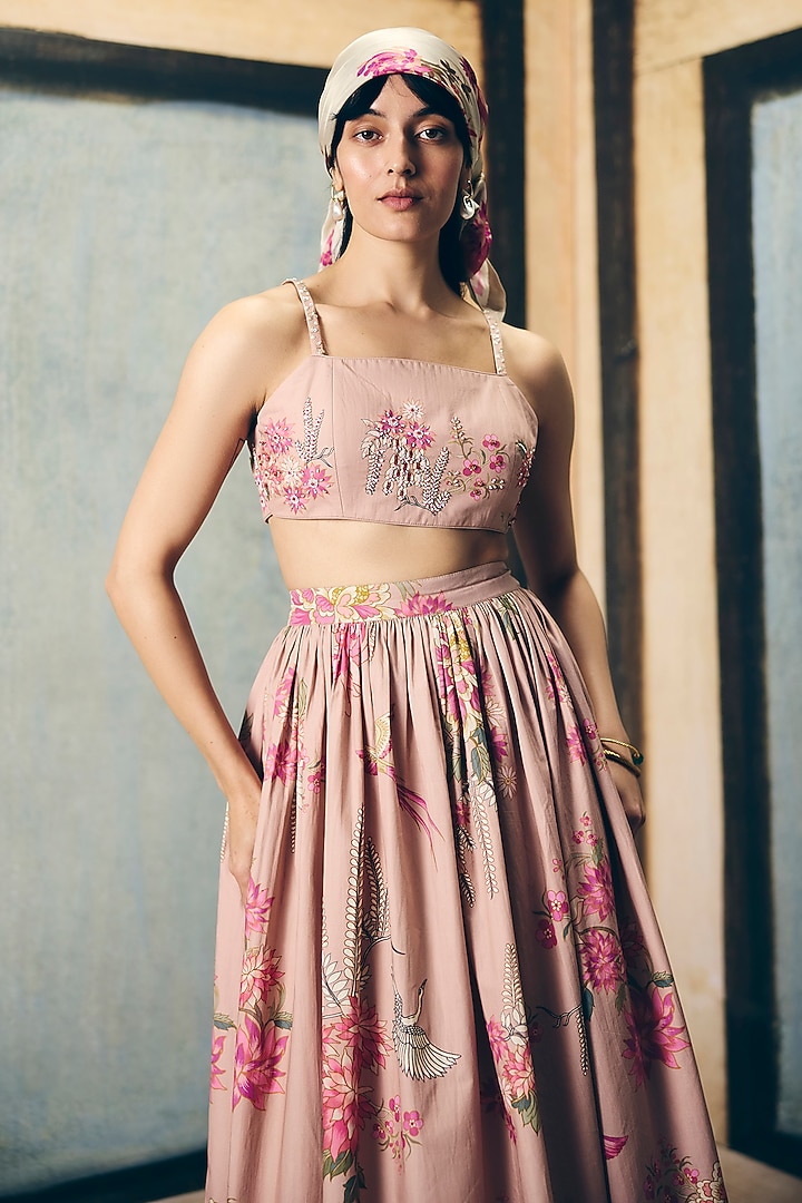 Chalk-Colored Poplin Printed Skirt Set by Paulmi & Harsh at Pernia's Pop Up Shop