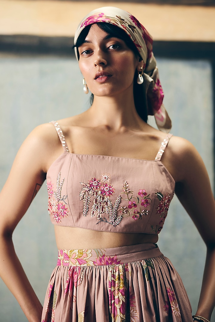 Chalk-Colored Poplin Printed Skirt Set by Paulmi & Harsh at Pernia's Pop Up Shop