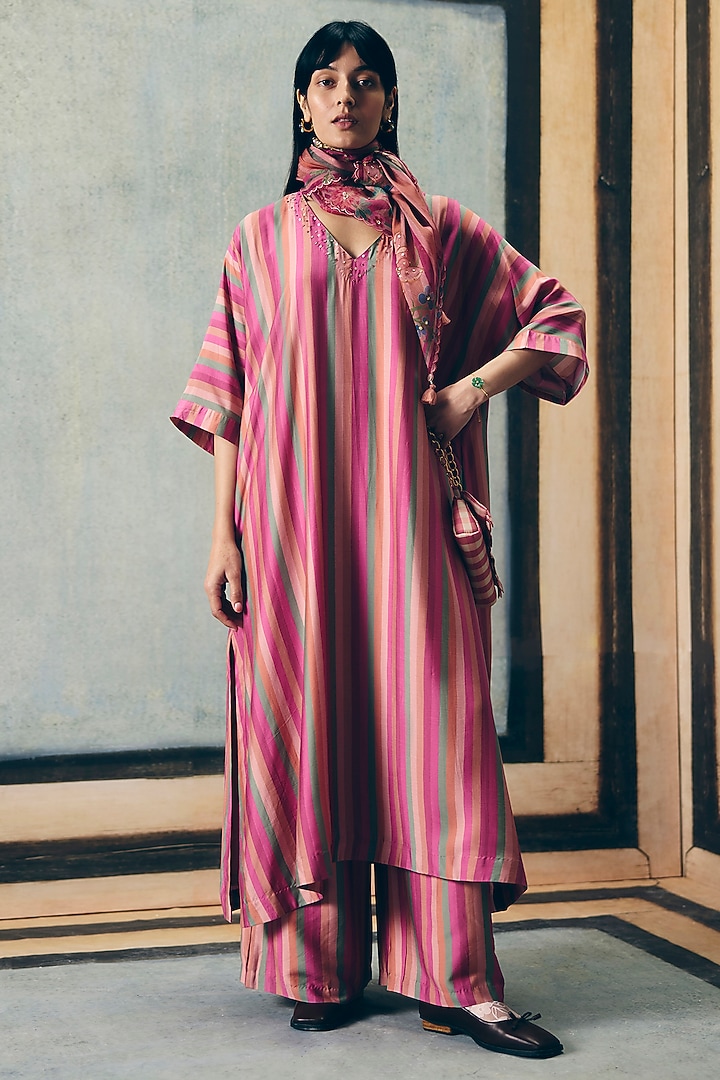 Multi-Colored Modal Silk Printed & Embroidered Kurta Set by Paulmi & Harsh at Pernia's Pop Up Shop