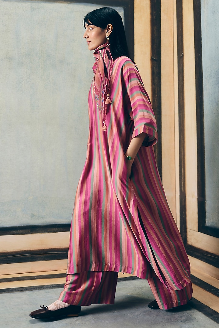 Multi-Colored Modal Silk Printed & Embroidered Kurta Set by Paulmi & Harsh at Pernia's Pop Up Shop