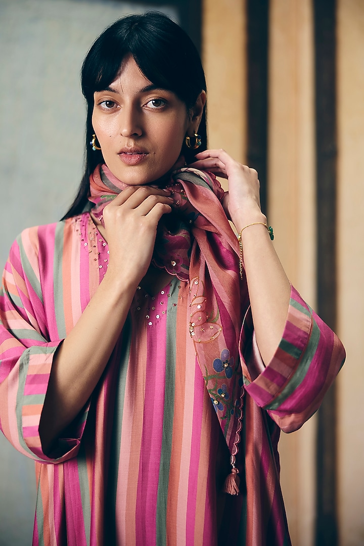 Multi-Colored Modal Silk Printed & Embroidered Kurta Set by Paulmi & Harsh at Pernia's Pop Up Shop