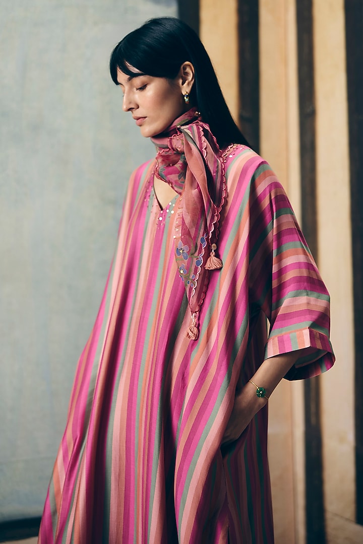 Multi-Colored Modal Silk Printed & Embroidered Kurta Set by Paulmi & Harsh at Pernia's Pop Up Shop