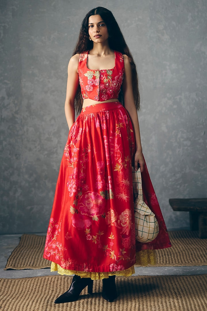 Red Chiniya Silk Printed Skirt Set by Paulmi & Harsh at Pernia's Pop Up Shop