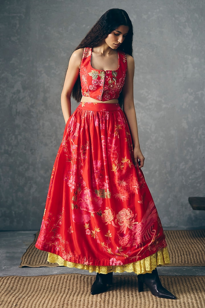 Red Chiniya Silk Printed Skirt Set by Paulmi & Harsh at Pernia's Pop Up Shop