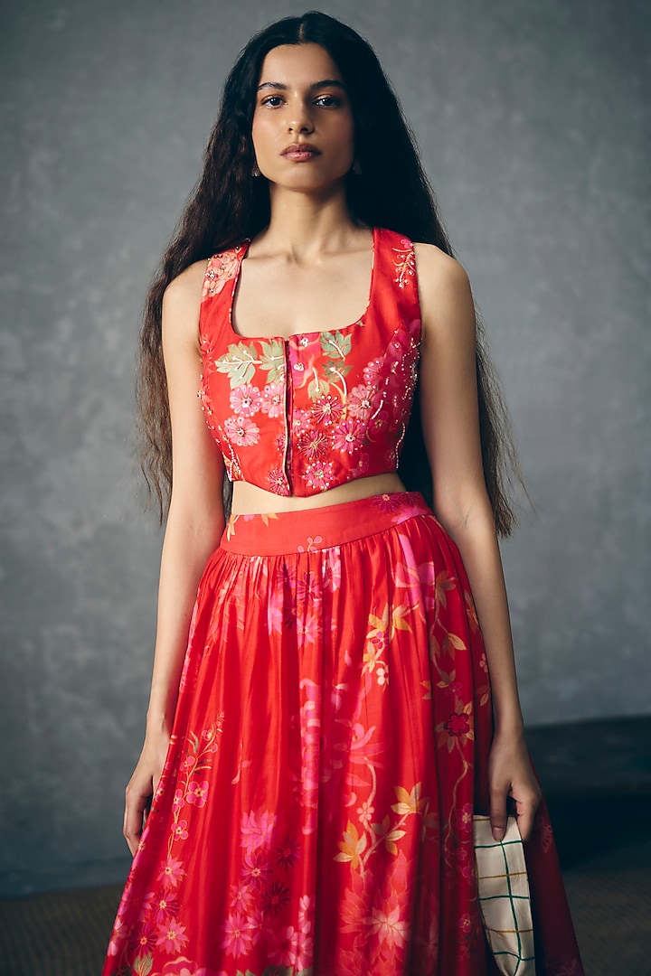 Red Chiniya Silk Printed Skirt Set by Paulmi & Harsh at Pernia's Pop Up Shop