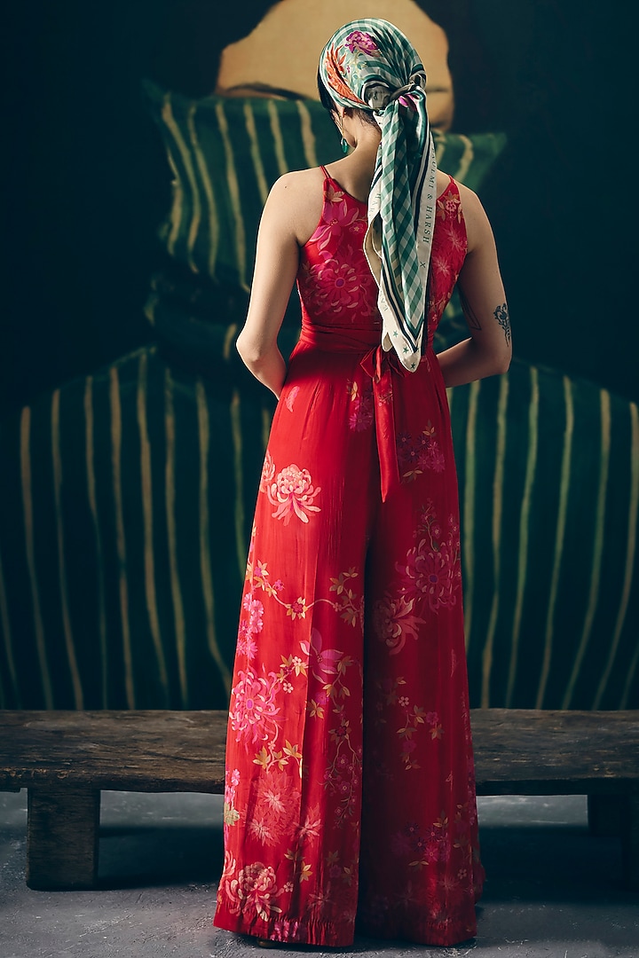 Red Crepe Printed & Embroidered Jumpsuit by Paulmi & Harsh at Pernia's Pop Up Shop
