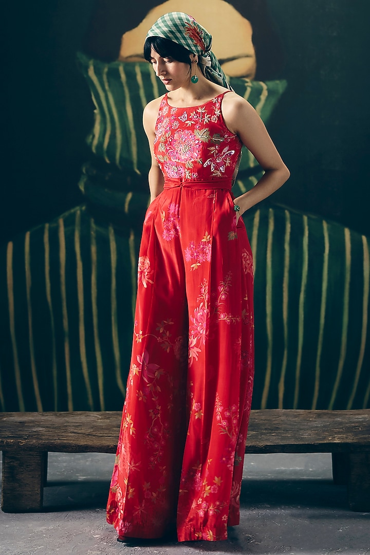 Red Crepe Printed & Embroidered Jumpsuit by Paulmi & Harsh at Pernia's Pop Up Shop