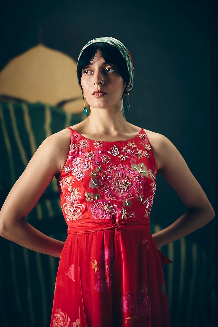 Red Crepe Printed & Embroidered Jumpsuit by Paulmi & Harsh at Pernia's Pop Up Shop