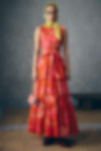 Rust Orange Poplin Floral Printed Gathered Maxi Dress by Paulmi & Harsh at Pernia's Pop Up Shop