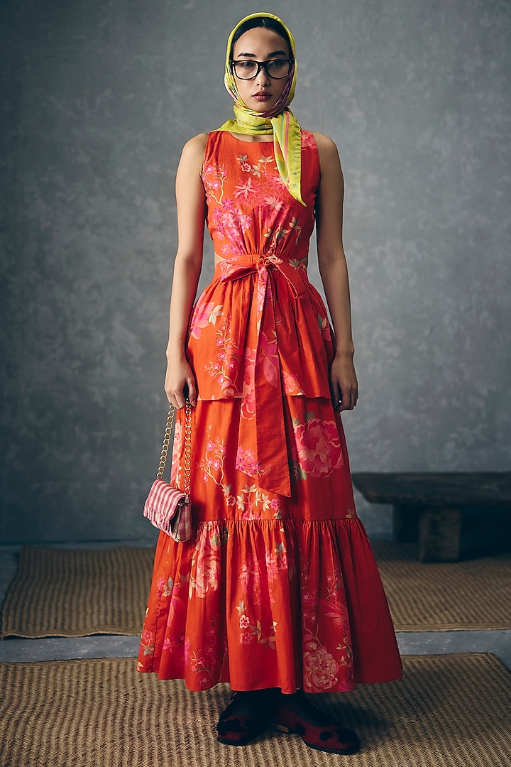Rust Orange Poplin Floral Printed Gathered Maxi Dress by Paulmi & Harsh at Pernia's Pop Up Shop