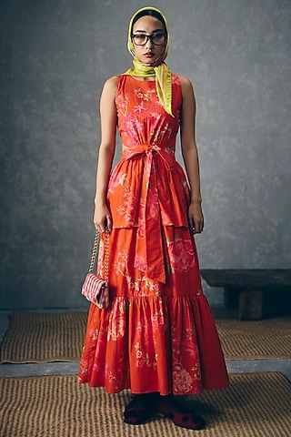 Rust Orange Poplin Floral Printed Gathered Maxi Dress by Paulmi & Harsh