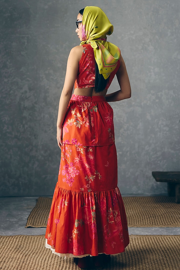 Rust Orange Poplin Floral Printed Gathered Maxi Dress by Paulmi & Harsh at Pernia's Pop Up Shop