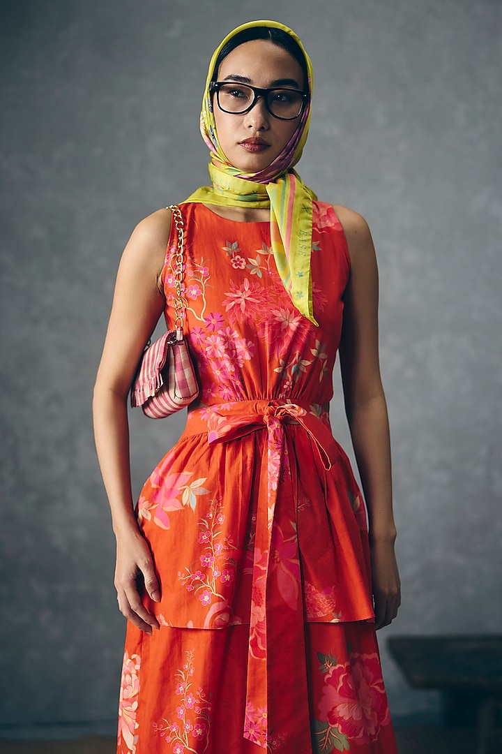 Rust Orange Poplin Floral Printed Gathered Maxi Dress by Paulmi & Harsh at Pernia's Pop Up Shop