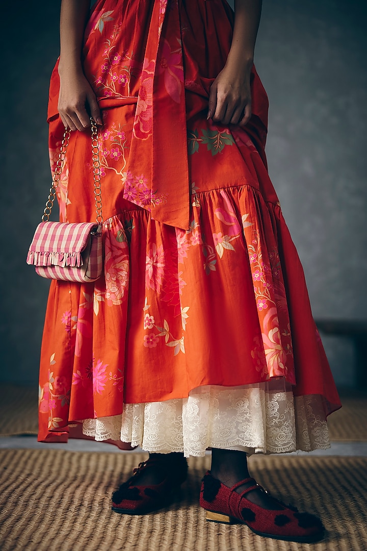 Rust Orange Poplin Floral Printed Gathered Maxi Dress by Paulmi & Harsh at Pernia's Pop Up Shop